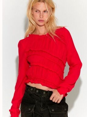Free People Pink Sands Ruched Red Ruffle Long Sleeve Top